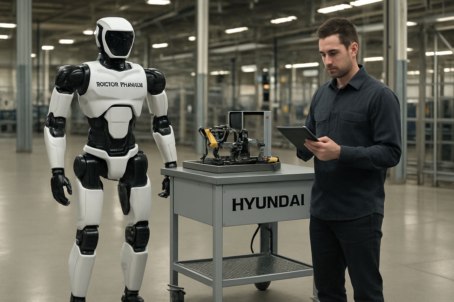 Boston Dynamics humanoid robot stands in a Hyundai factory as part of Humanoid Robot Manufacturing.