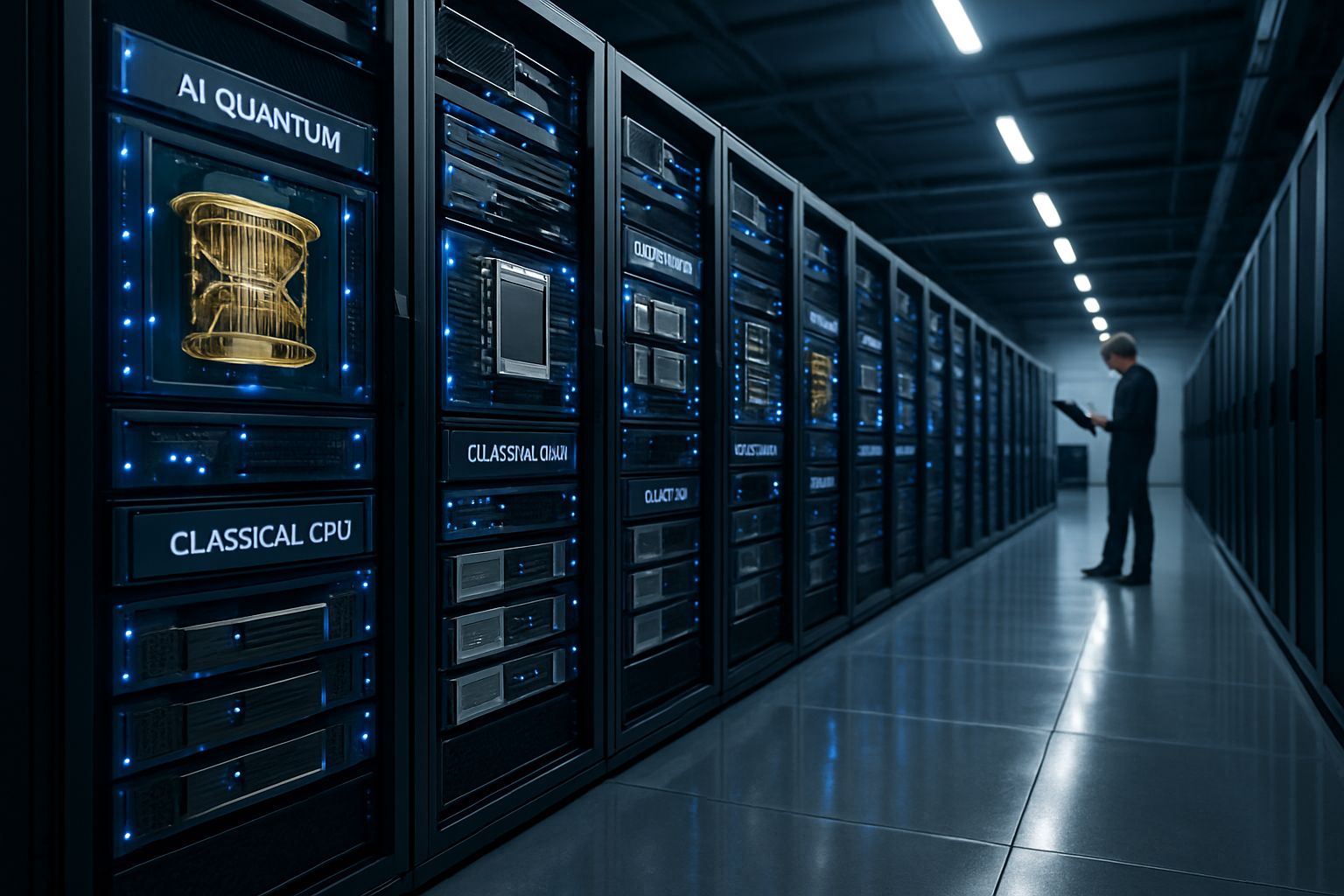 Data center racks housing AI Quantum devices and traditional CPUs