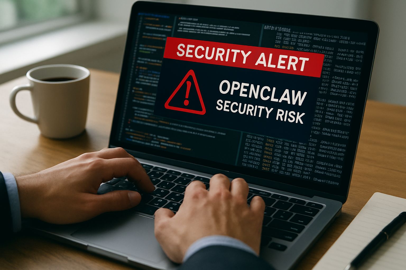 OpenClaw Security Risk alert shown on laptop in realistic office setting.