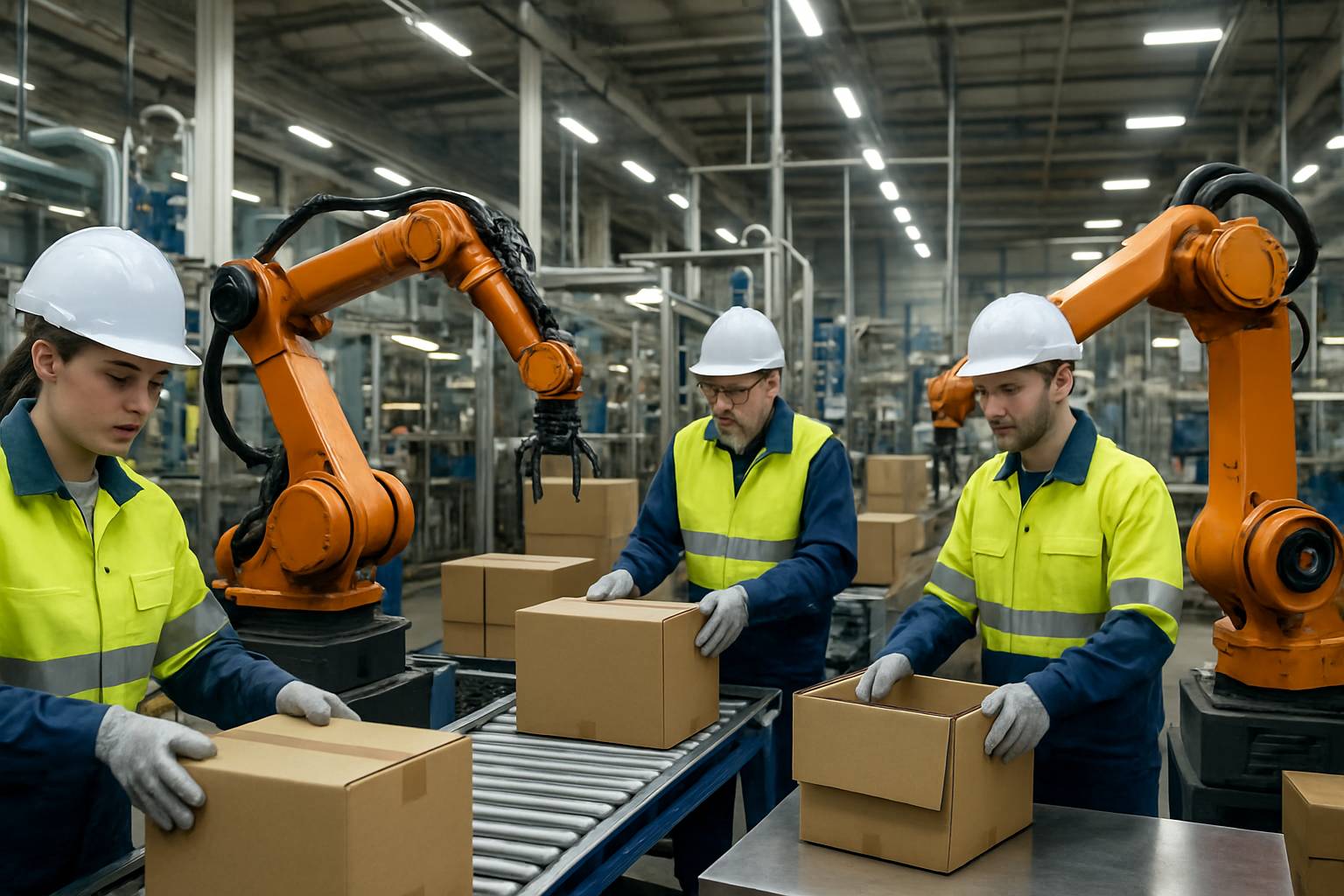 Robotics AI robots and human operators collaborating in industrial factory setting.