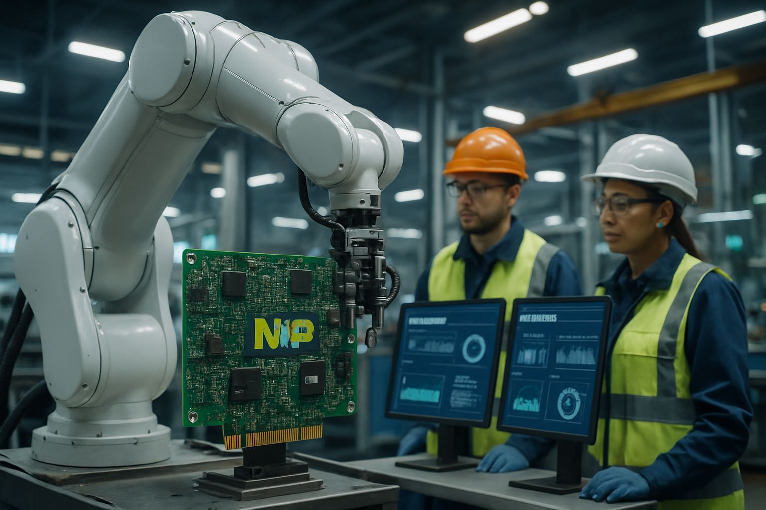 Robotics Chip Outlook shown through industrial robots with NXP-branded chips in operation.