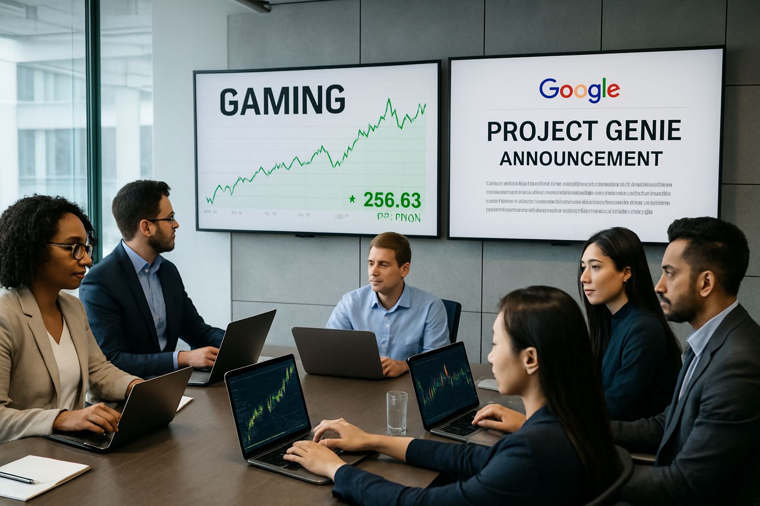 Gaming industry professionals analyzing financial charts after Project Genie reveal.