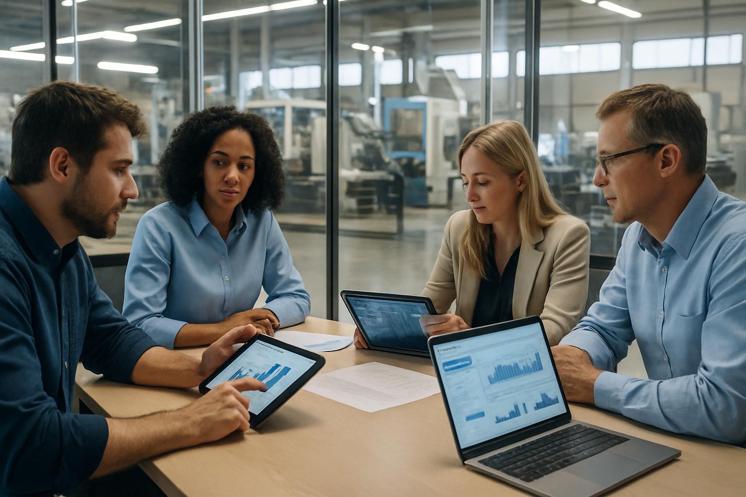 Industry professionals discuss AI modernization at a factory meeting