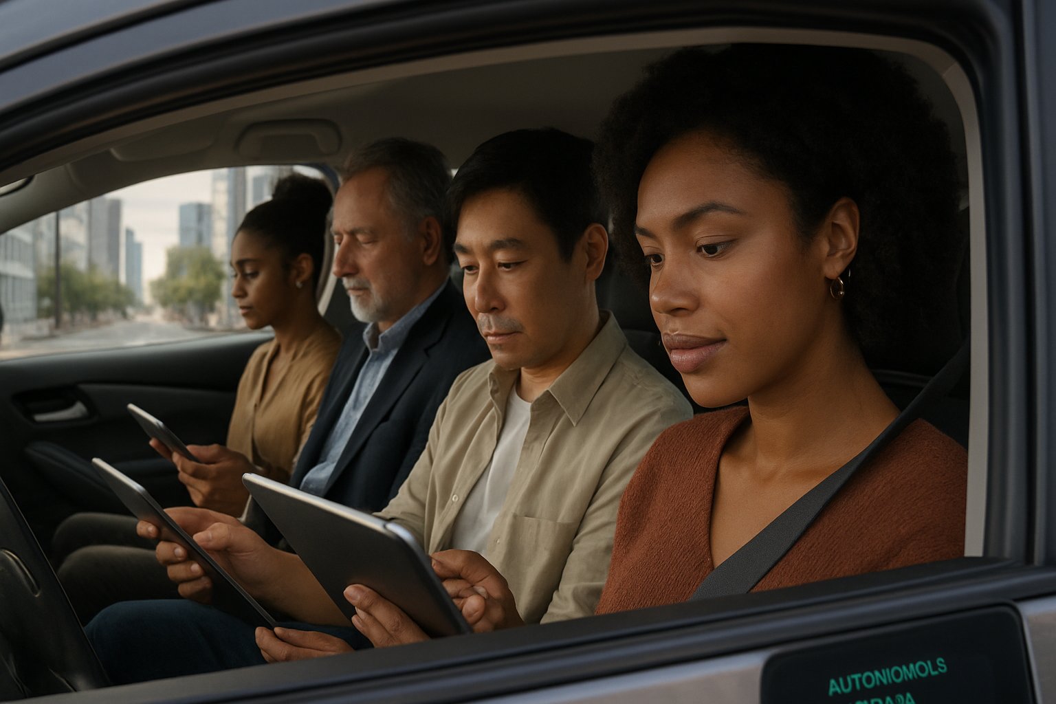 Interior of an Autonomous Transit robotaxi with commuters in China.