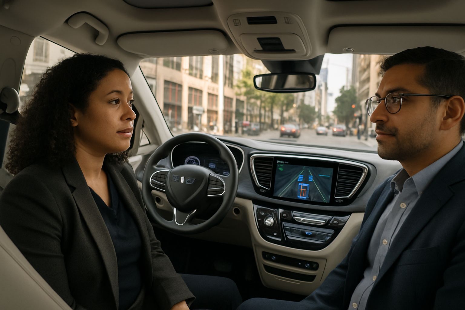Passengers ride in Waymo vehicle highlighting Autonomous Driving technology.