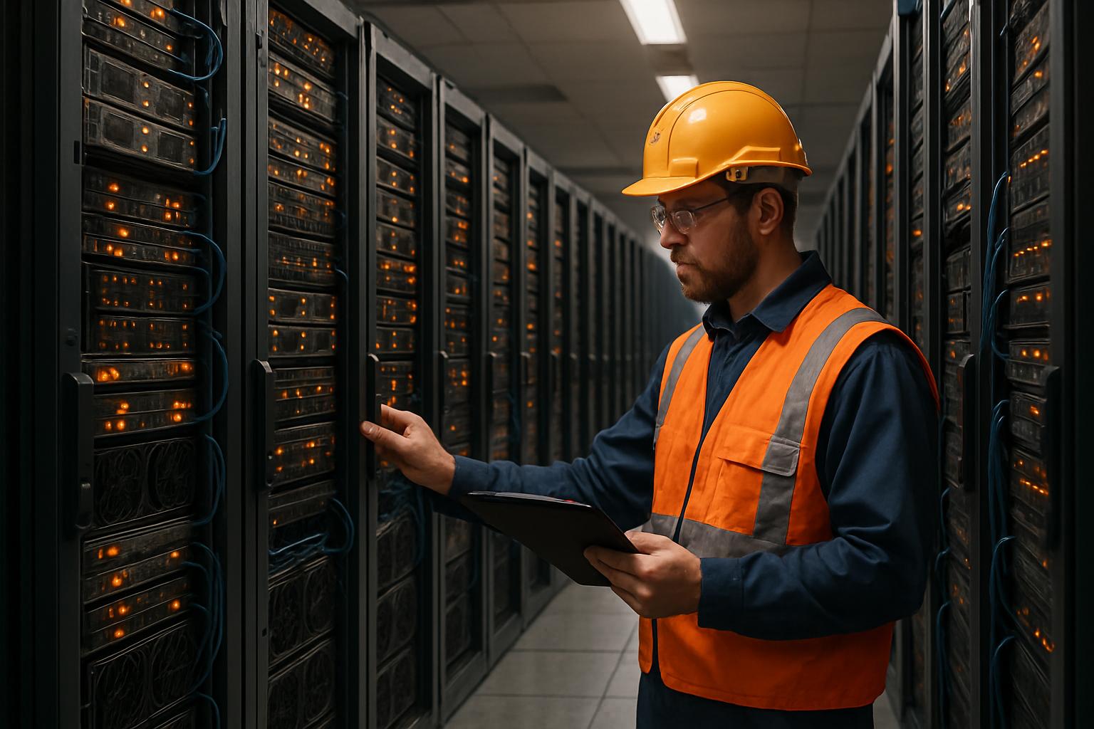 AI Energy Crisis inside data center with technician and server racks depicting high electricity usage.