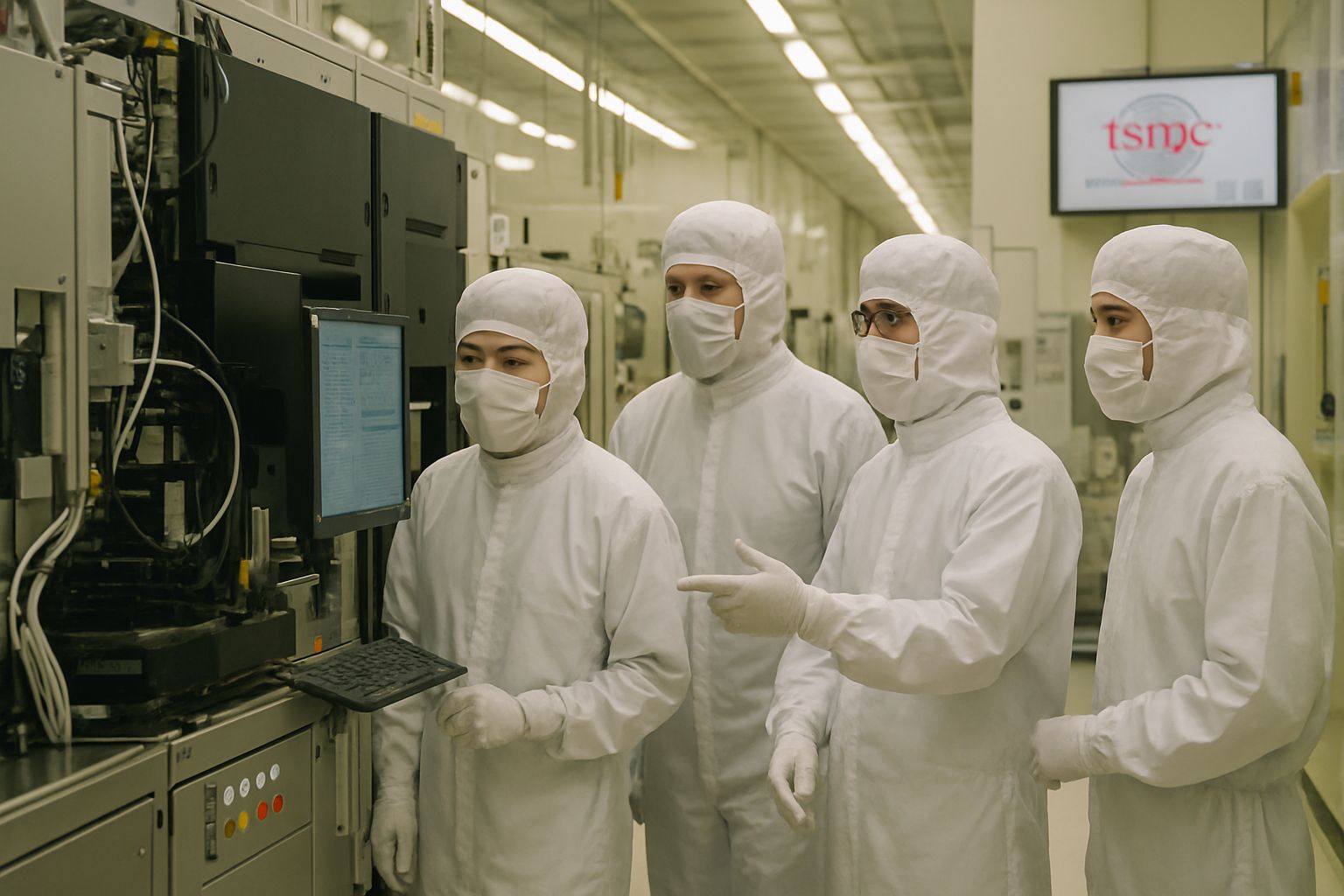 Engineers working in TSMC Japan Expansion cleanroom monitoring chip production.