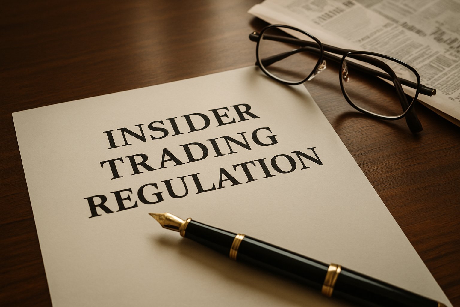 Insider Trading Regulation legal document on desk with pen and glasses.