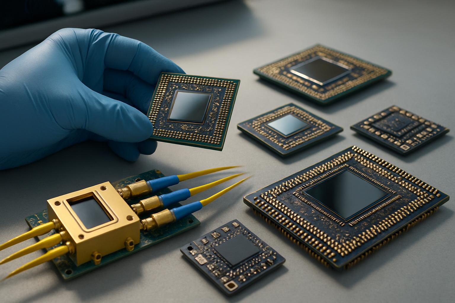 Technician inspecting edge connectivity microchips on a workstation