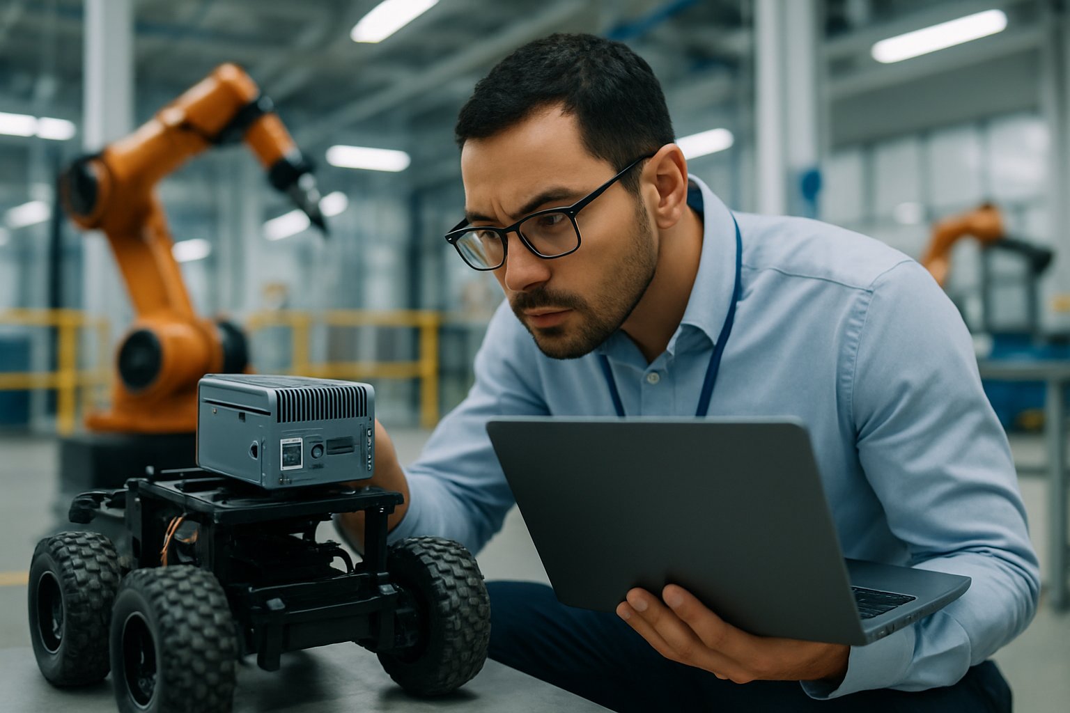 AI Developer inspecting edge computing robotics hardware in an industrial environment.