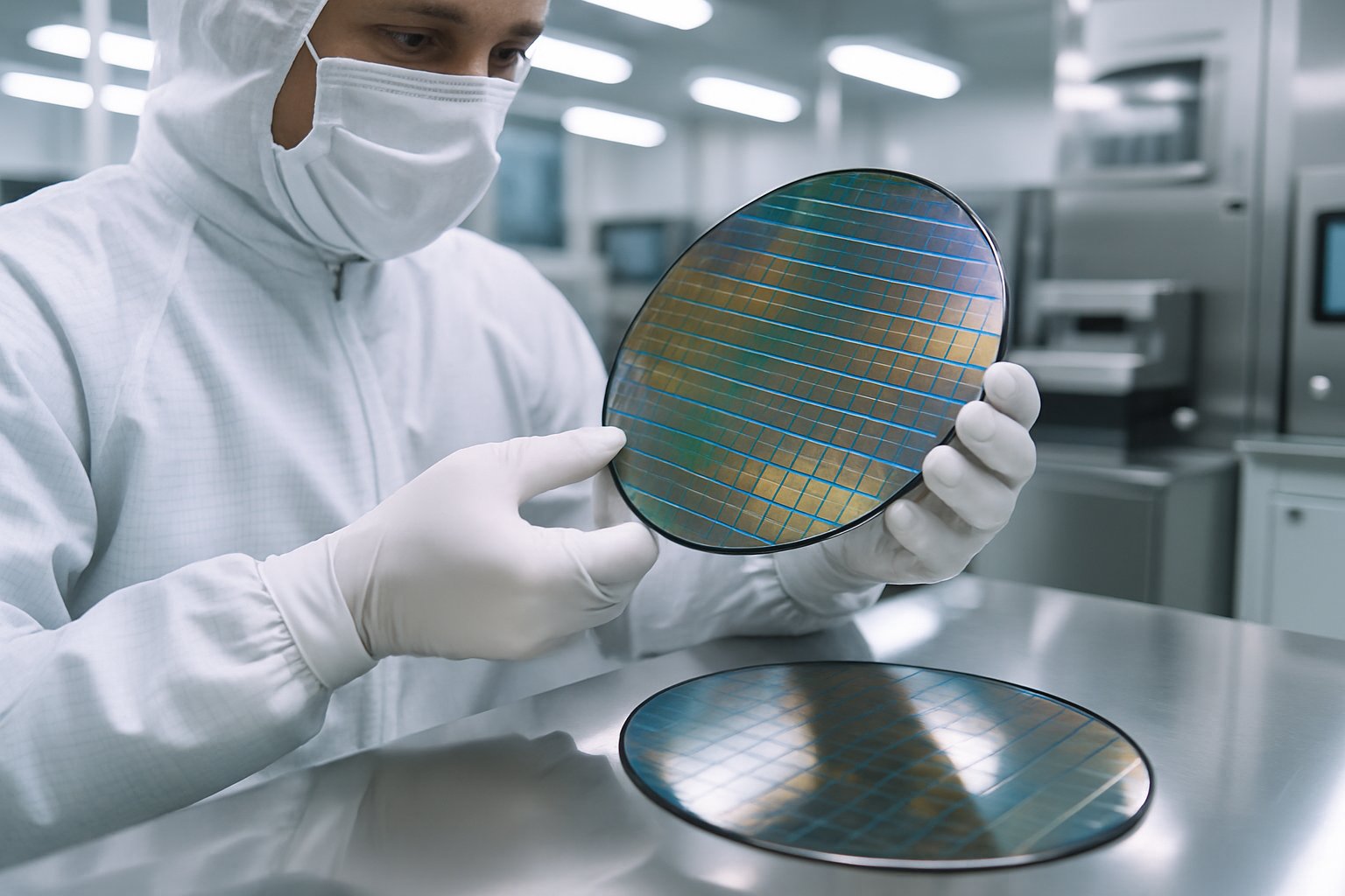 Technician analyzing silicon wafers in a state-of-the-art Semiconductor Market facility.
