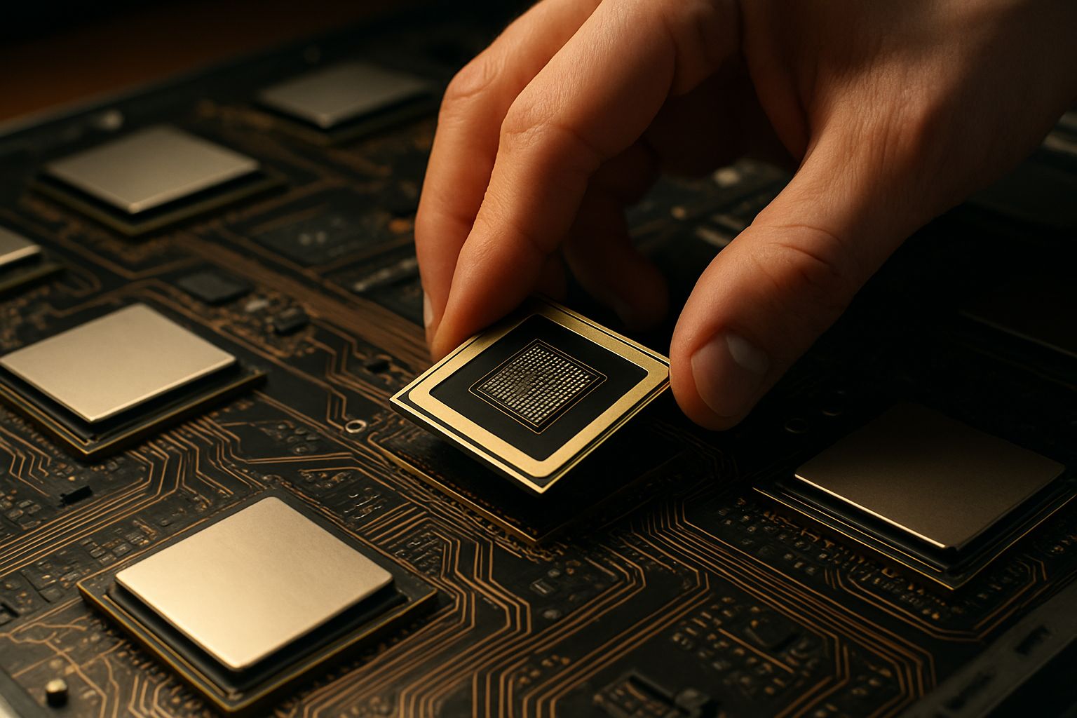 Hand installing GPU chip for AI Cloud datacenter hardware upgrade.