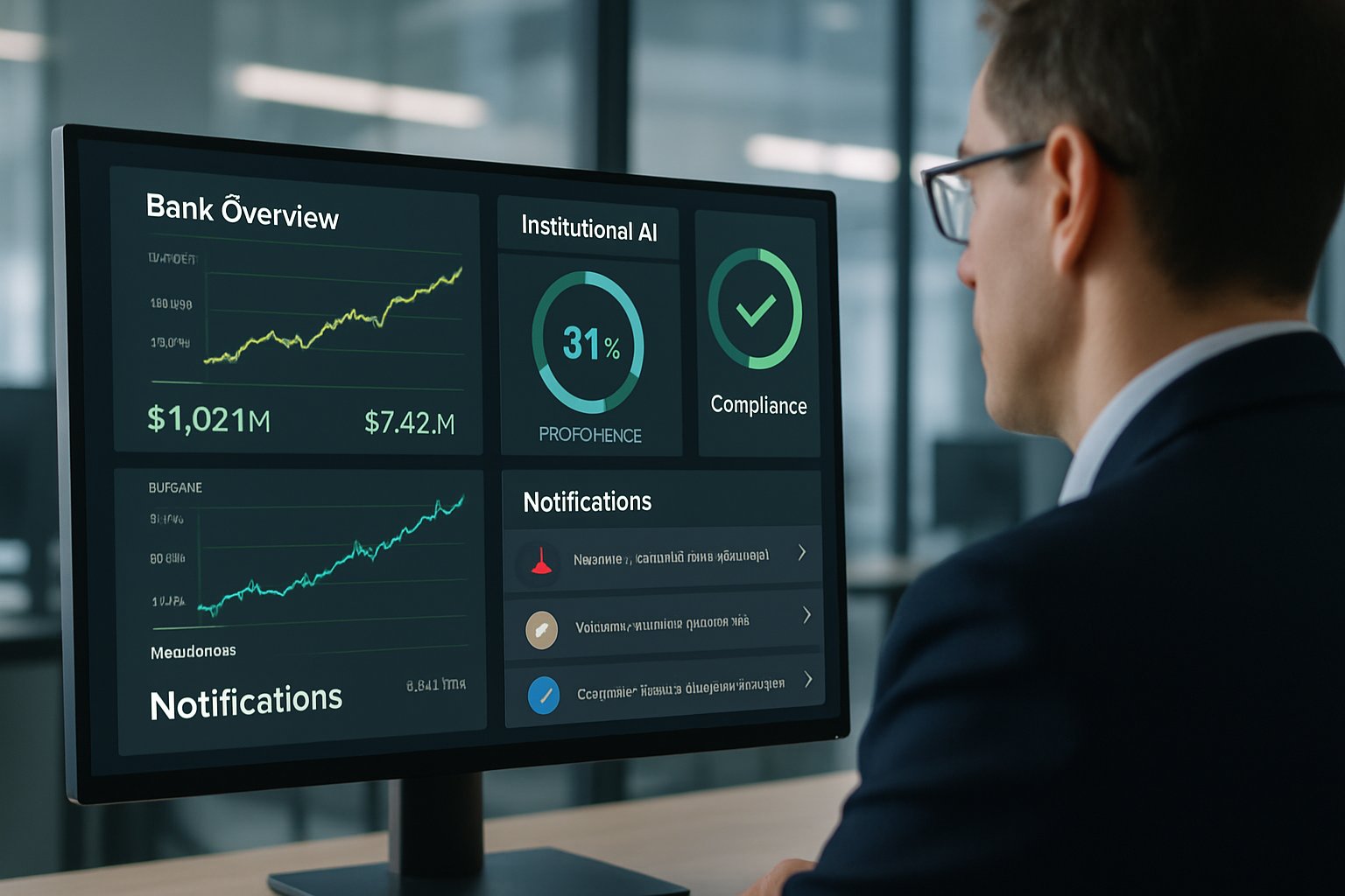 Institutional AI dashboard in a bank operations center