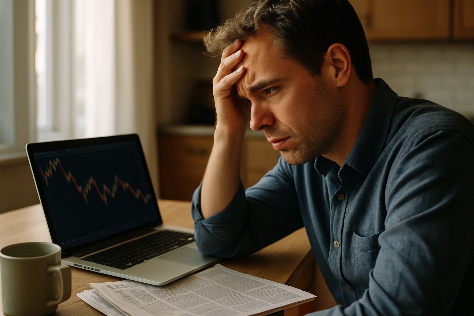 Stressed investor at home reacting to Market Volatility on laptop.