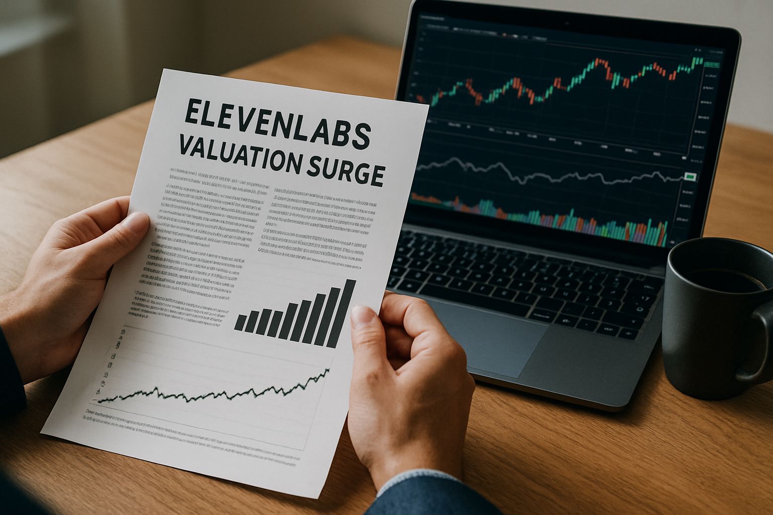 Investor examining ElevenLabs Valuation Surge report at a desk.