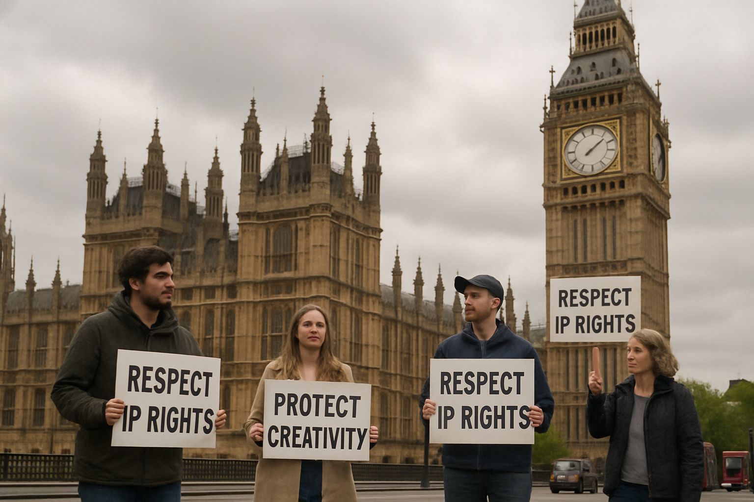 Protestors with signs for IP Rights outside UK Parliament.