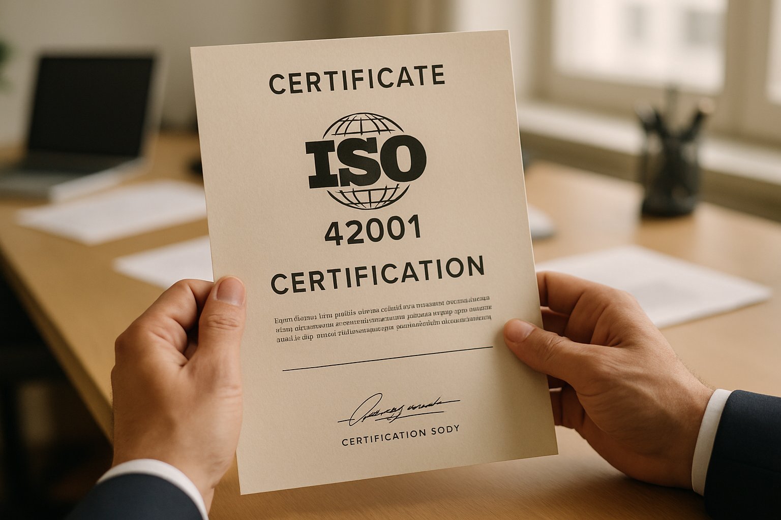 Official ISO 42001 certificate held in an office representing AI Governance Standards achievement.