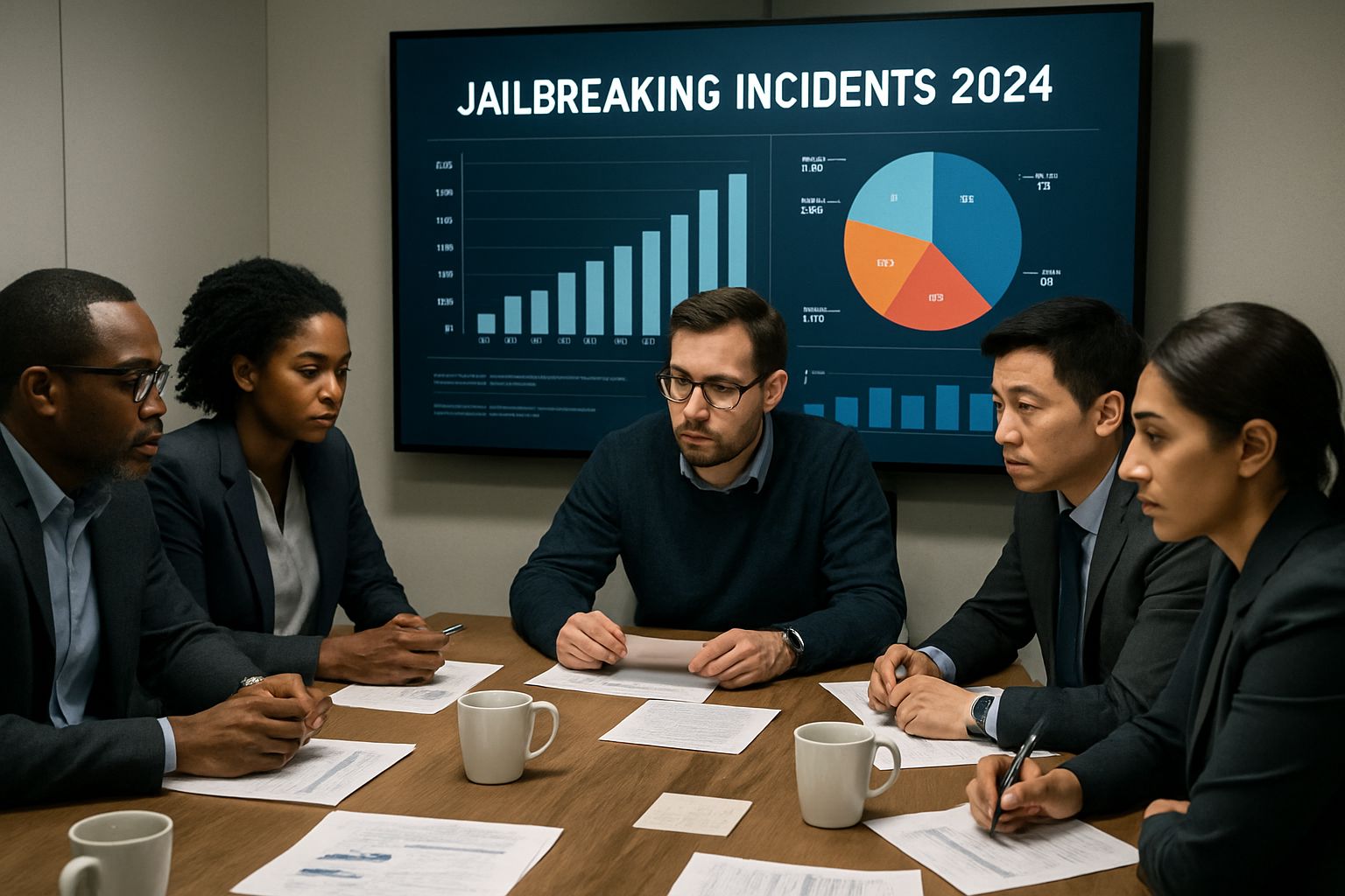 Cybersecurity team discussing jailbreaking statistics and AI vulnerabilities in a meeting room.