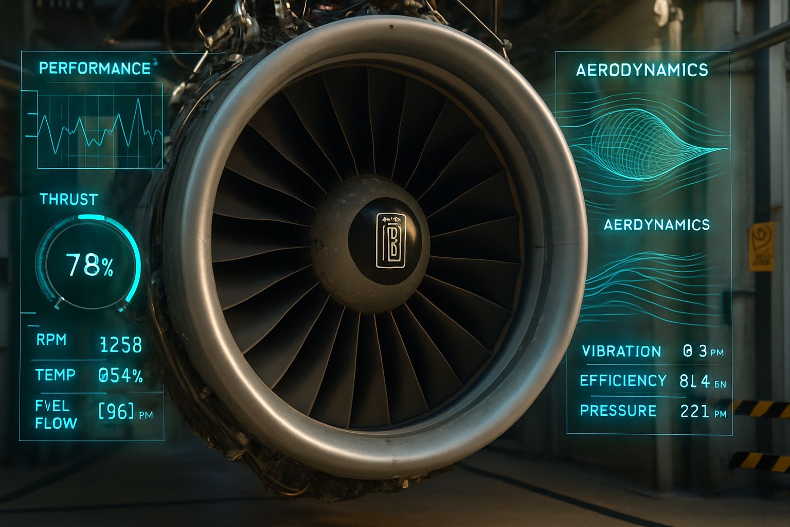 Jet engine turbine monitored with AI Enhanced Jet Engineering performance analytics.