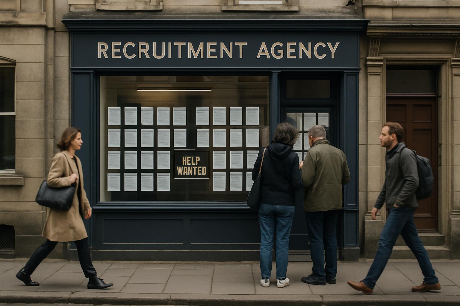 Recruitment agency window in Britain with 'Help Wanted' sign demonstrates labor squeeze.