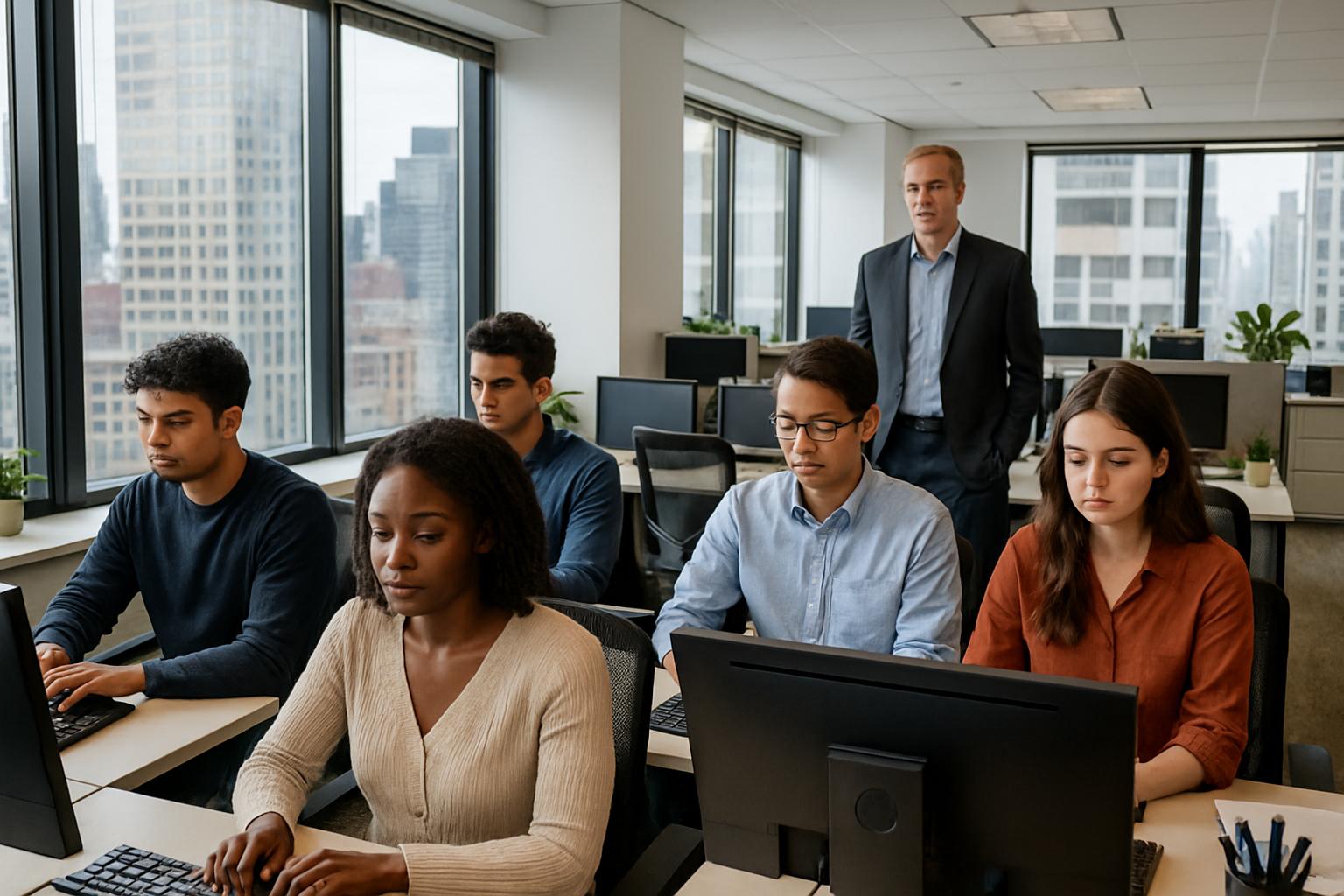 Entry-level Labor employees working in a modern NYC office setting.