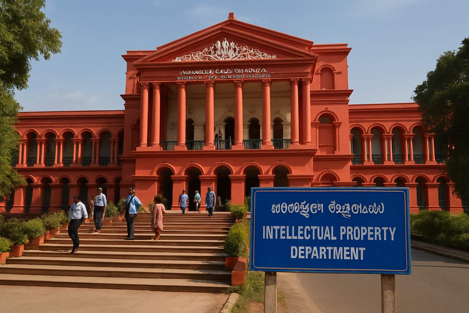 Karnataka High Court building highlighting Intellectual Property department sign.