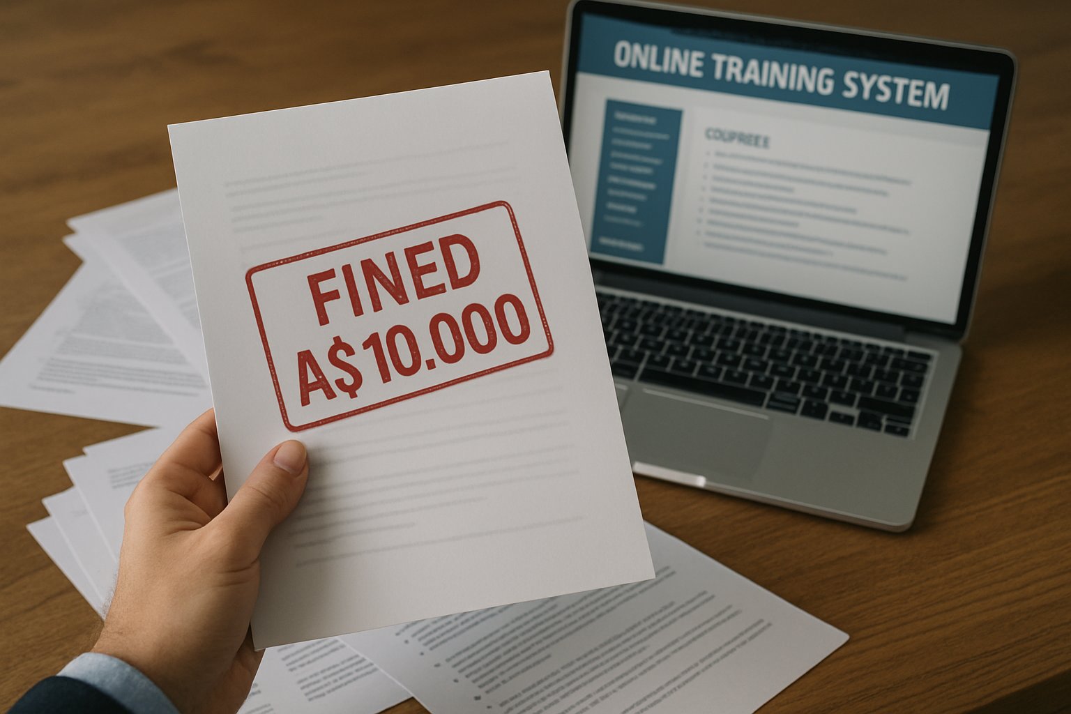 Document revealing KPMG's fine for AI Training Cheating on an office desk.