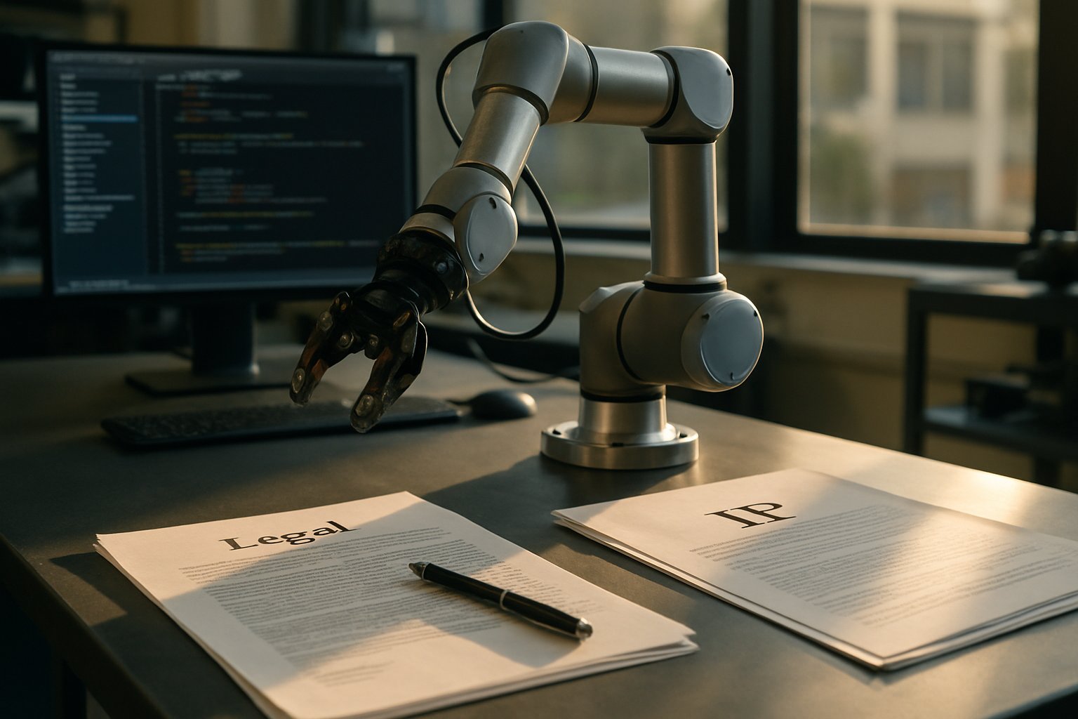 Robotics IP Dispute shown with robotic arm and IP paperwork in lab