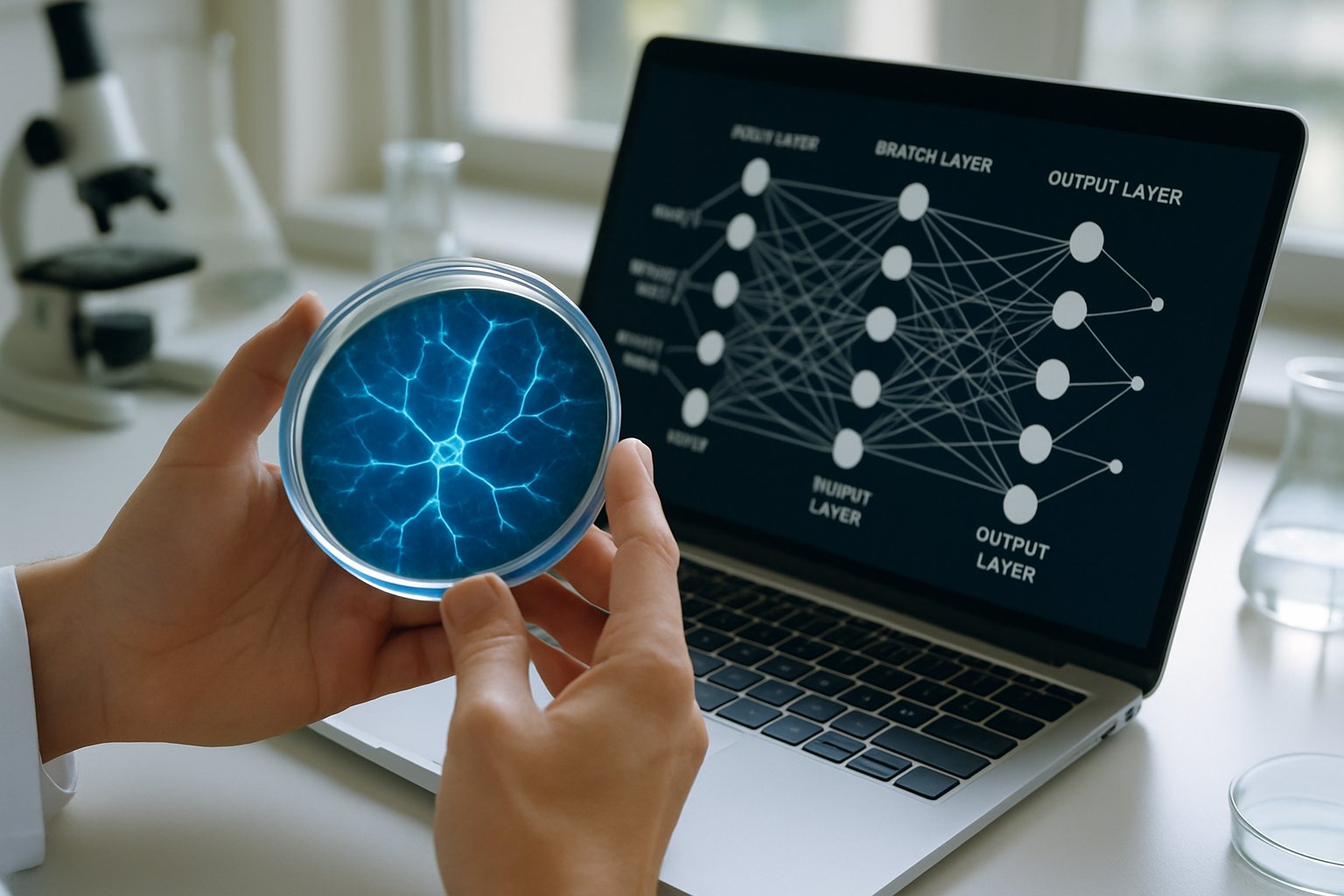 Scientist analyzing Biological LLM connections using lab and digital tools.