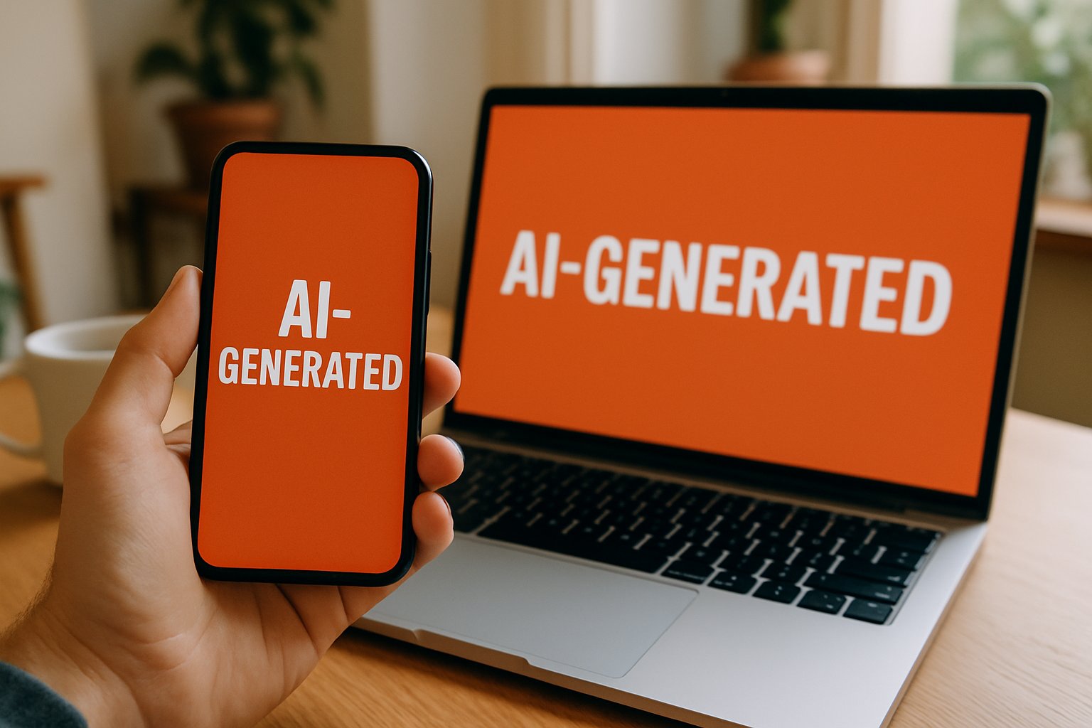 AI Marketing ad displayed on devices with clear AI-generated labels for transparency
