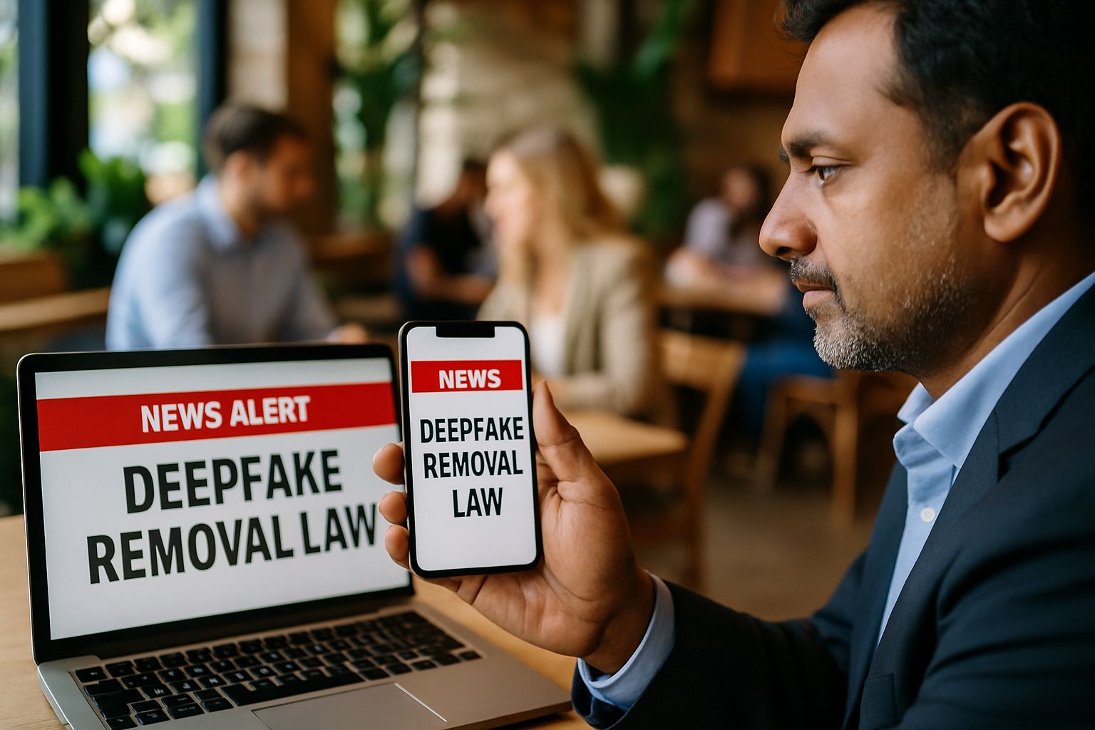 Business owner reading Deepfake Removal Law alert on mobile device