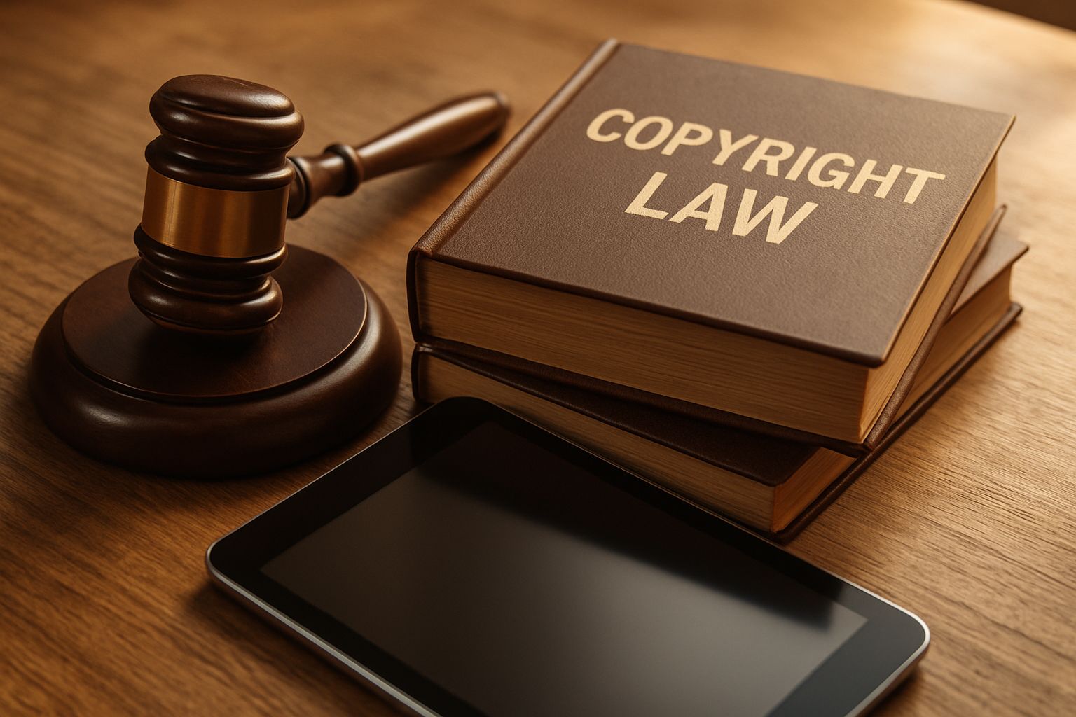Judge's gavel, Copyright Law books, and tablet symbolize Copyright Law changes.