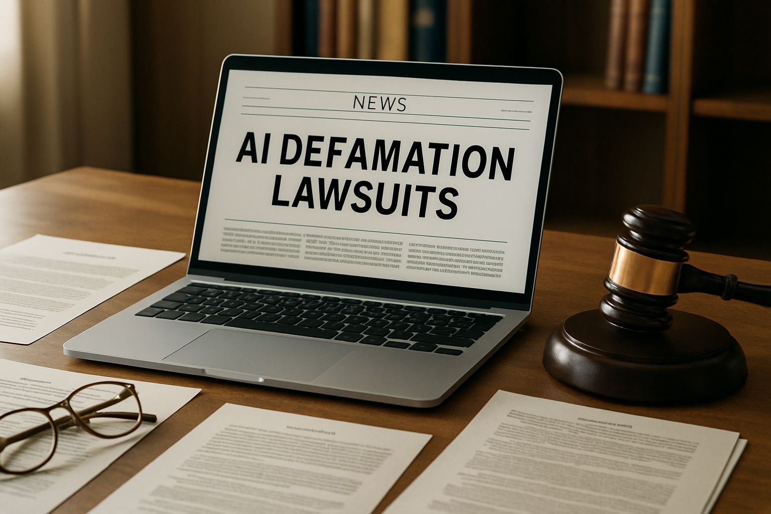 AI Defamation Risk and legal consequences visualized on law office desktop