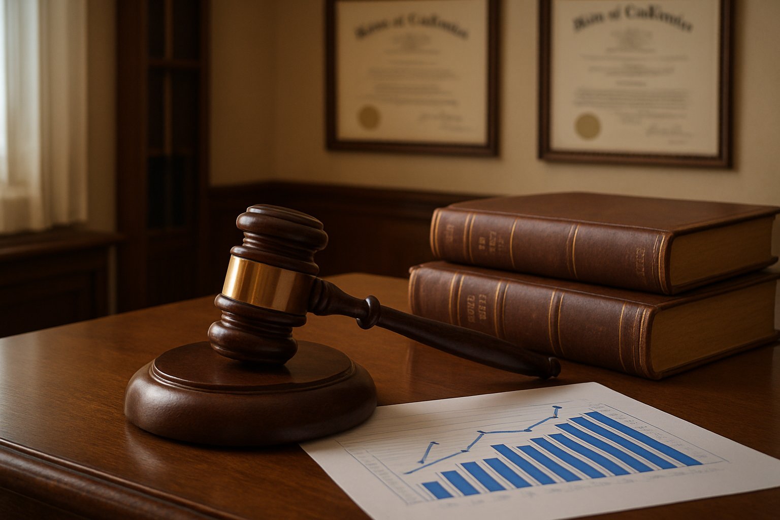 Legal Structure Investigation concept with gavel, legal books, and business chart.