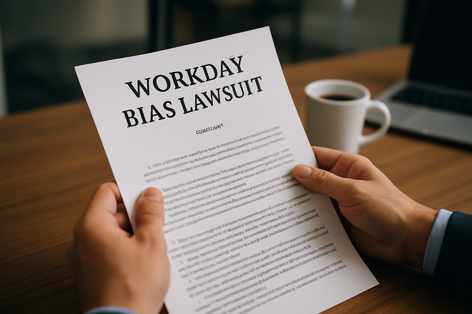 Hands holding Workday Bias Lawsuit document at office desk