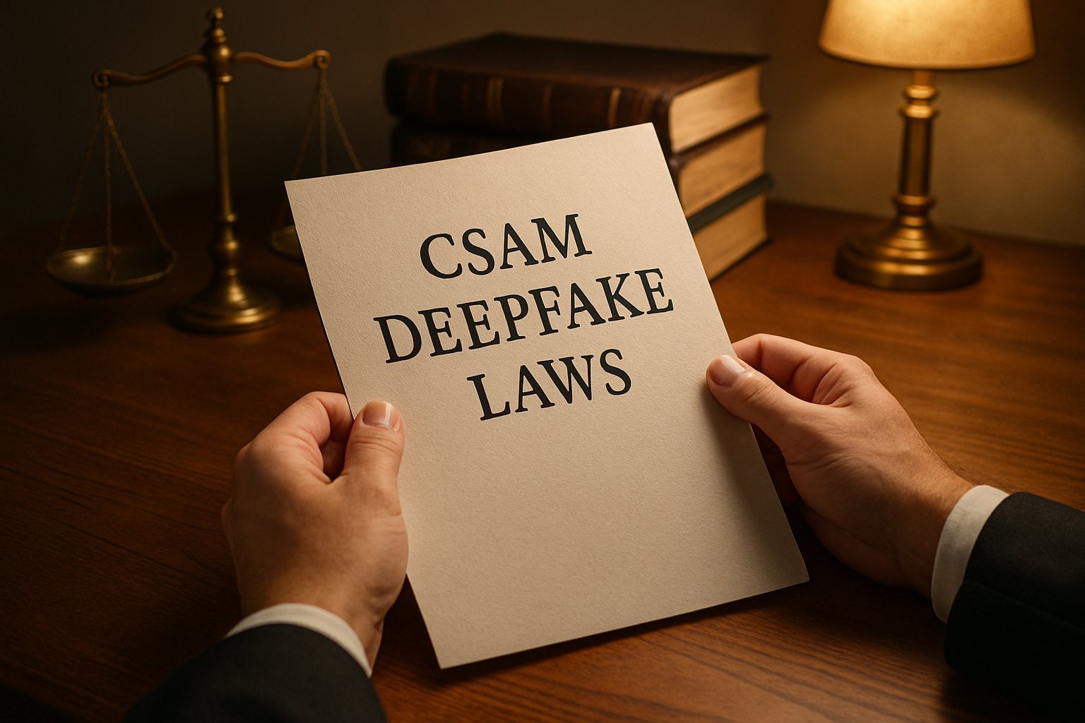 Legal document on CSAM Deepfake Laws held by lawyer in an office setting.