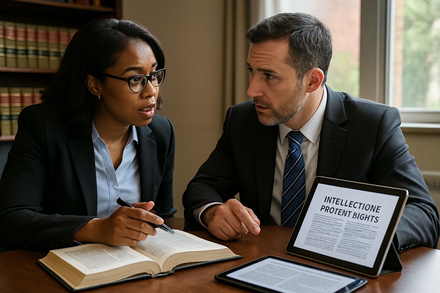 Legal professionals discussing AI Authorship Rights and intellectual property safeguards.