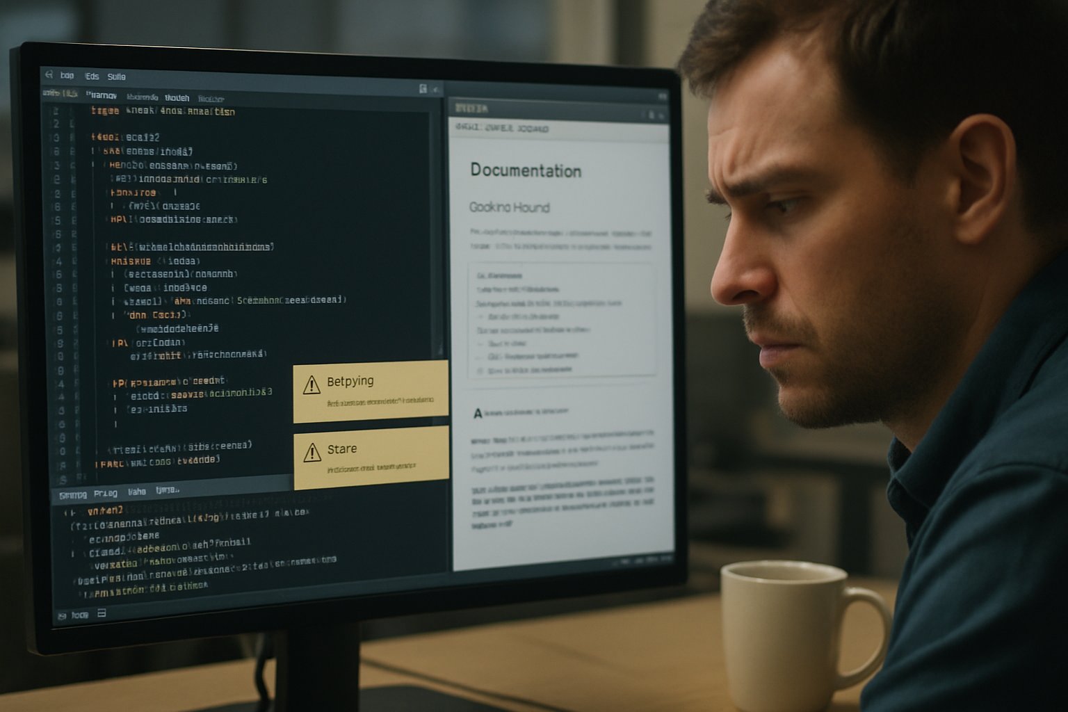 Over-the-shoulder view highlighting cognitive debt in coding environments.