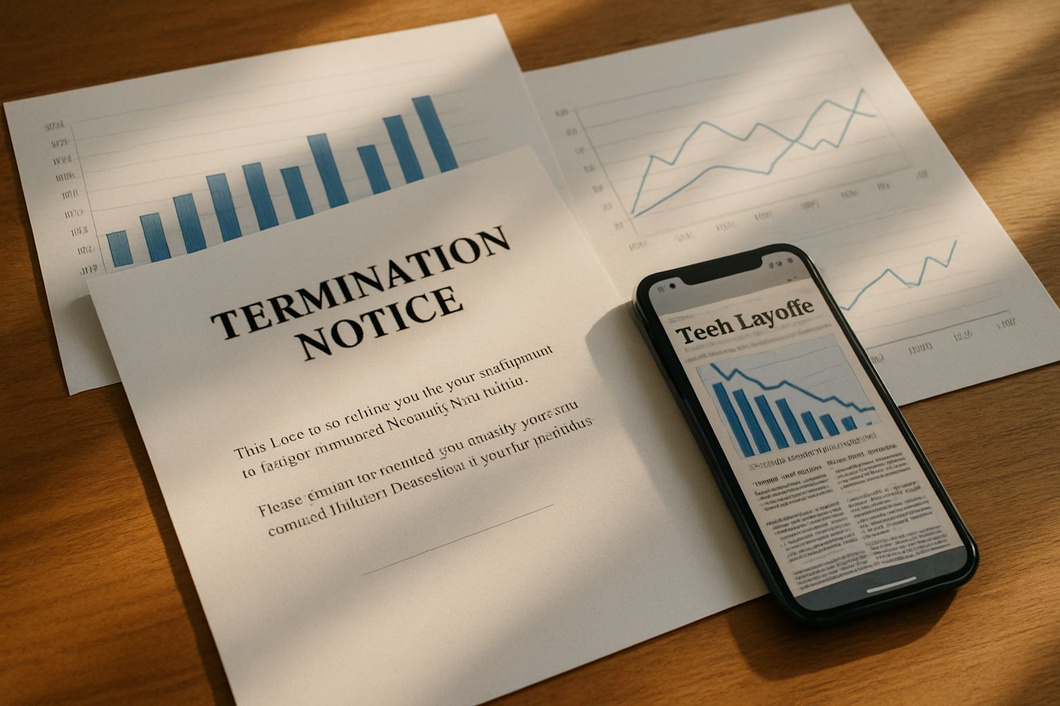 Economics of tech layoffs illustrated with termination papers and data charts.