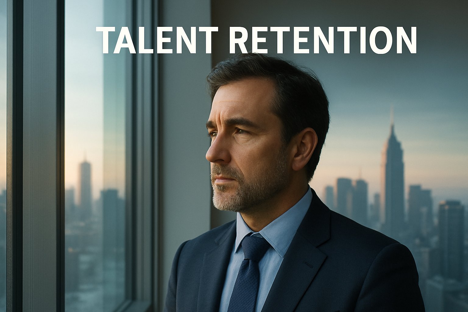 Business leader contemplating AI Talent Drain by a window overlooking the city.