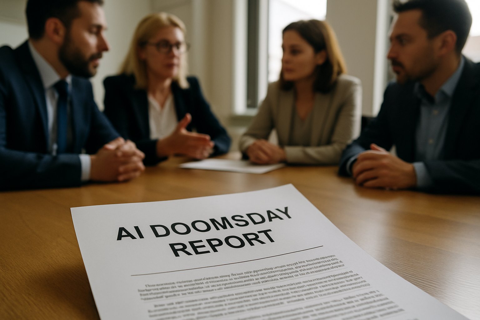 Business leaders analyze AI Doomsday Report in meeting.