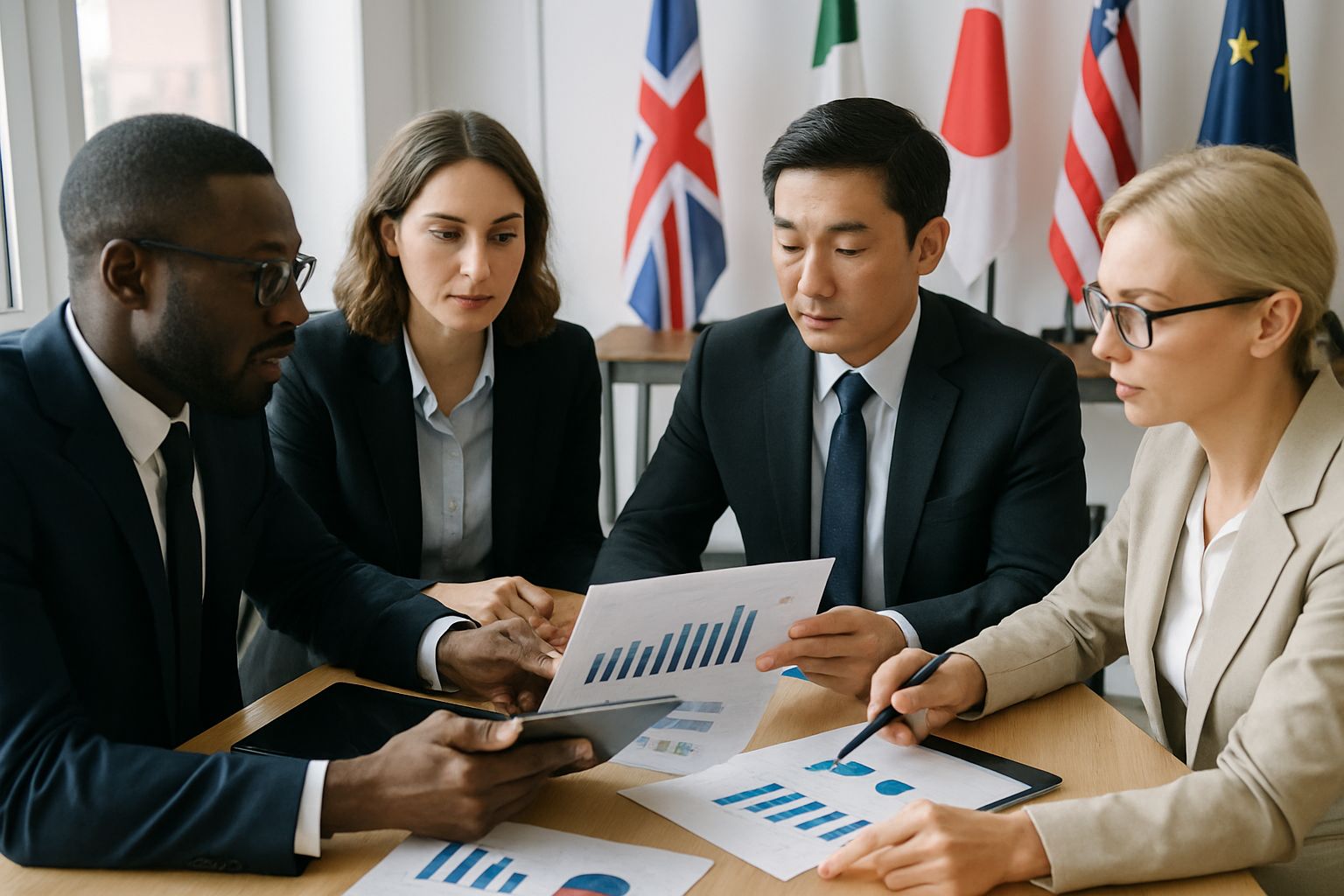 Global Investment leaders collaborating at an international business meeting.