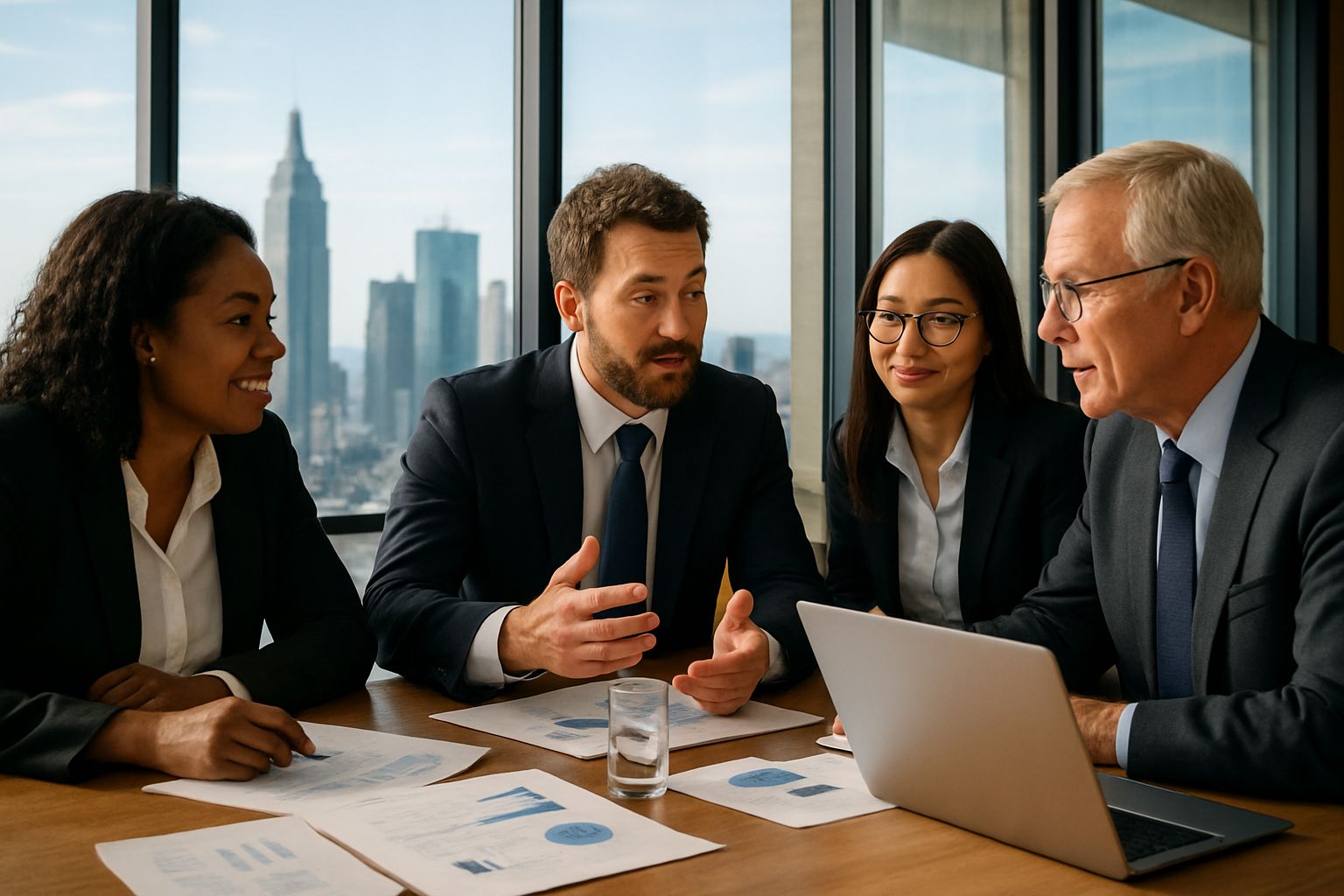 Business team strategizing on public markets entry in boardroom.