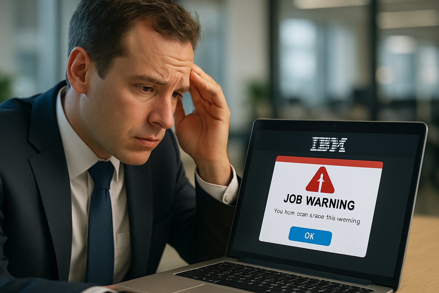 Business professional reads IBM Job Warning about AI threats to call center jobs.