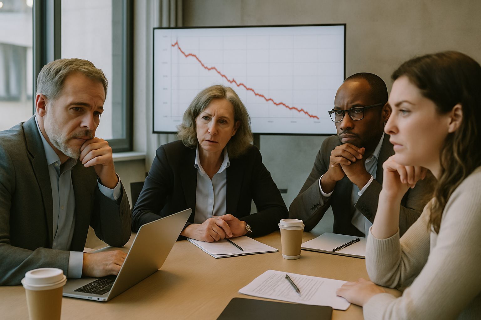 Logistics Slump discussed by freight leaders in office with declining graphs on screen.