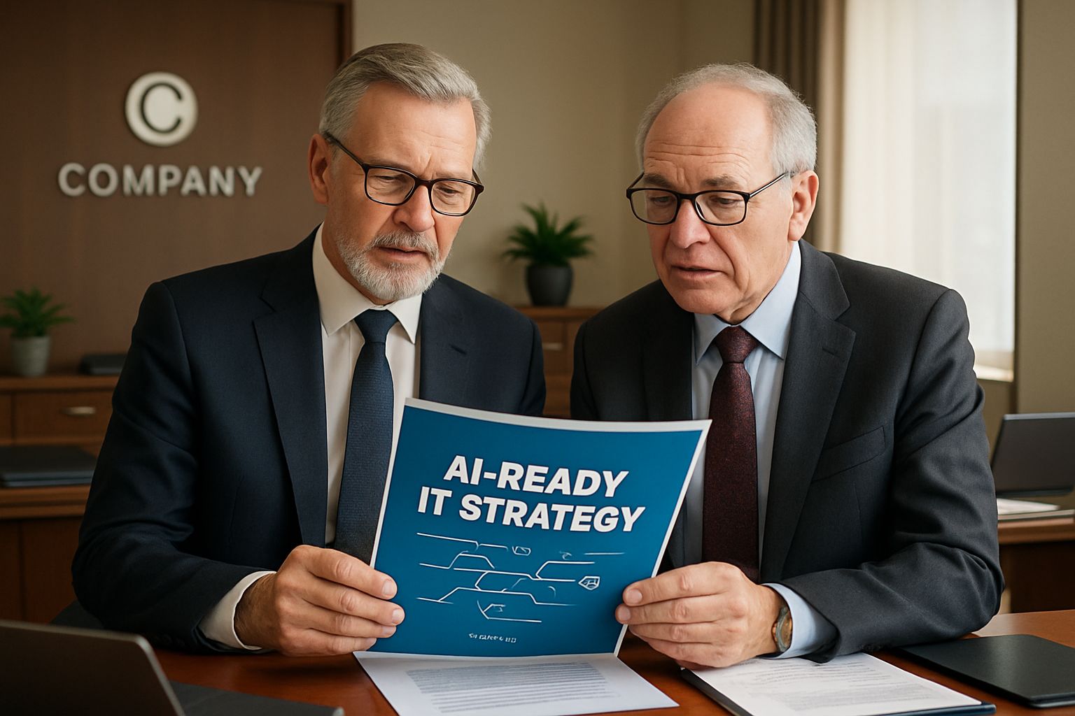 CEO and CIO review Executive Education roadmap for AI IT strategy alignment.