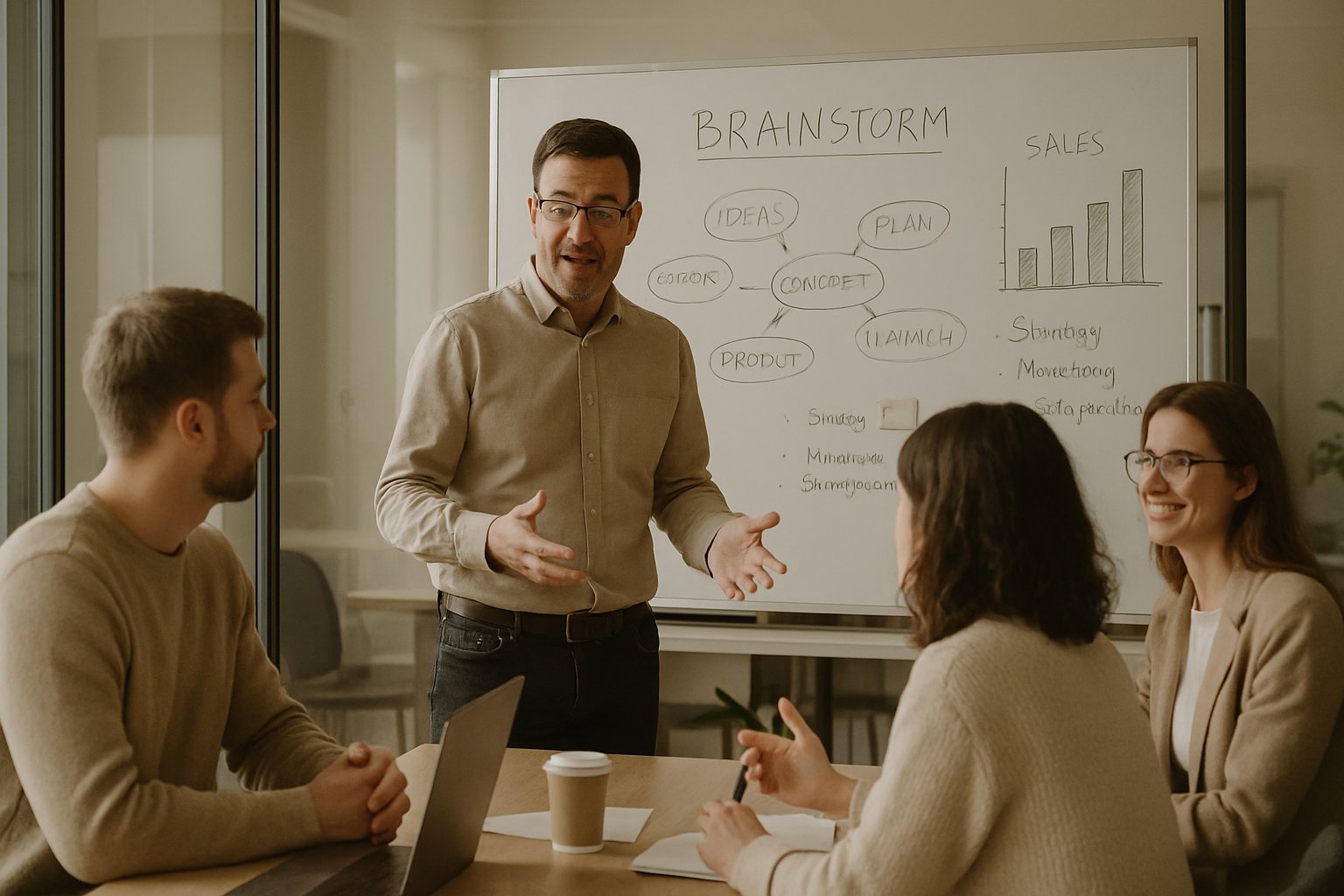 Manager and team brainstorm Organizational General Intelligence solutions in meeting room