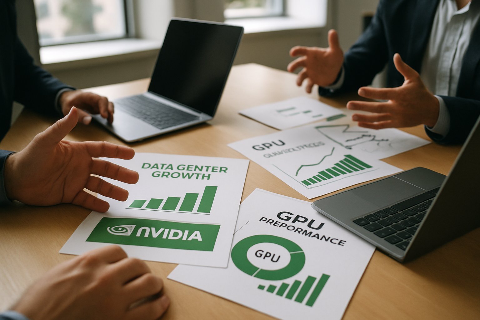 Business leaders discussing Market Leadership with Nvidia data center charts.