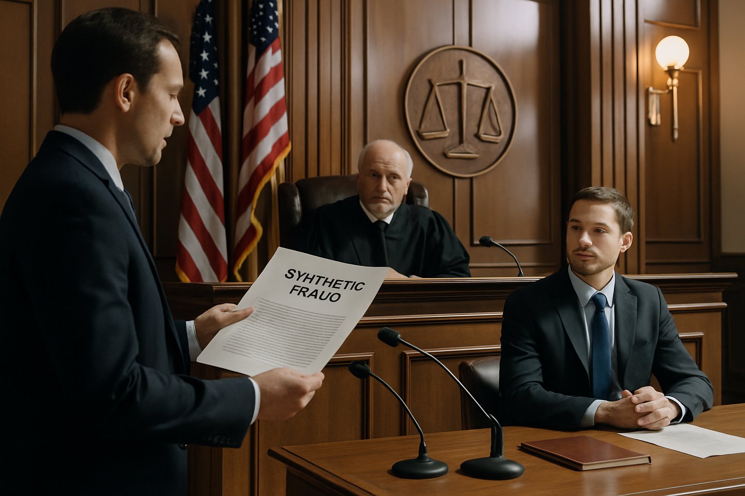 Courtroom proceedings on Synthetic Fraud with judge and lawyers present.