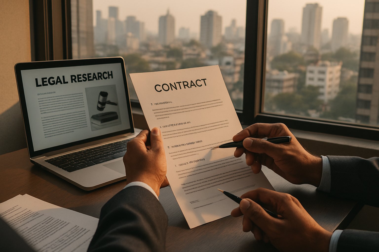 AI Legal experts analyze contracts in Indian reinsurance office.